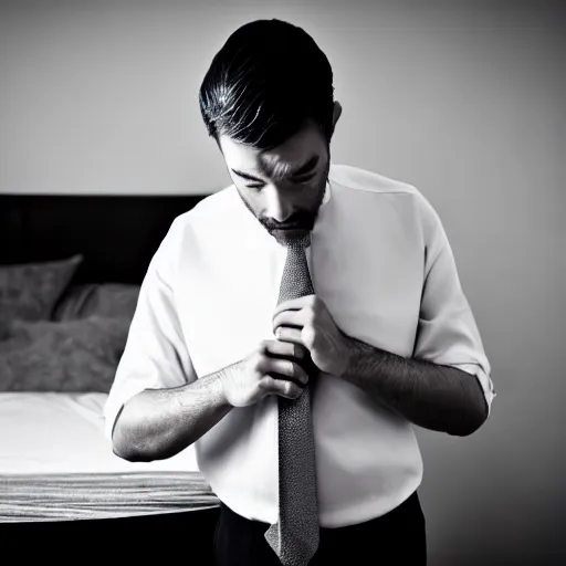 Image similar to a man ironing his collar shirt, placed on a bed, photography, award winning, hyper detailed, dim lighting, high quality, sharp focus, smooth