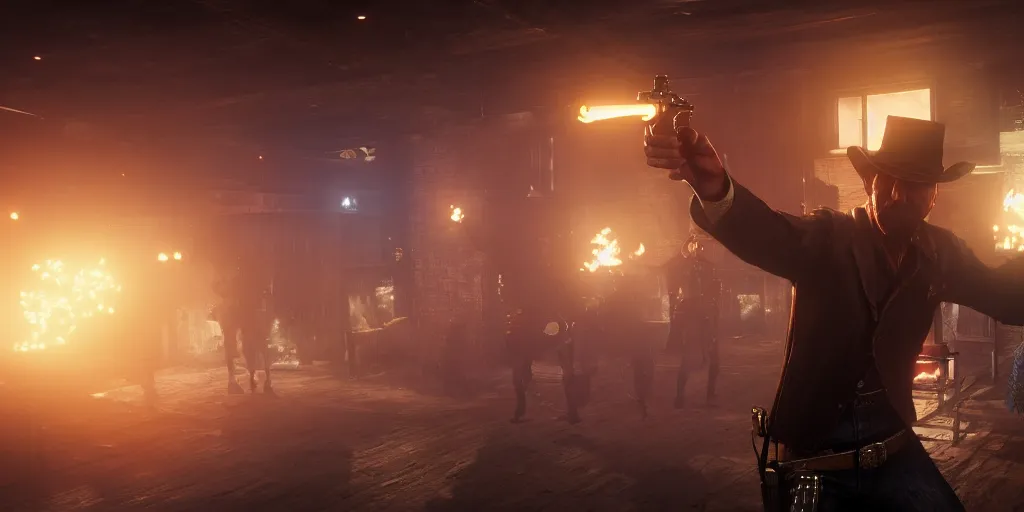 Image similar to a futuristic cowboy firing a glowing revolver to his enemies in a wild western bar, gunpowder and fog everywhere, red dead redemption 2, trending on artstation, digital art, award winning, cinematic lightning, ray tracing, 8k, Highly Detailed