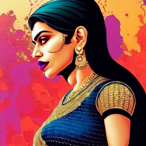 Prompt: portrait of a pakistani woman :: side profile :: blood :: background sea :: intricate details :: gold :: oxygen implant :: 8k :: MARVEL comics and Sandra Chevrier