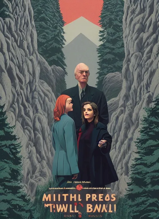 Prompt: Twin Peaks movie poster artwork by Michael Whelan and Tomer Hanuka, Rendering of Emma Watson & Kiernan Shipka meeting David Bowie the god spirit, from a scene from Twin Peaks, clean, full of detail, Matte painting, trending on artstation and unreal engine