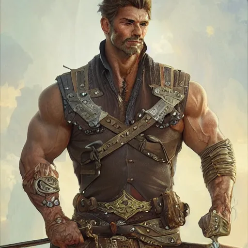 Image similar to portrait of a young, ruggedly handsome ranger, muscular, half body, leather, smirk, fantasy, intricate, elegant, highly detailed, digital painting, artstation, concept art, smooth, sharp focus, illustration, art by artgerm and greg rutkowski and alphonse mucha