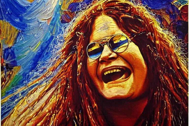 Prompt: highly detailed oil painting of janis joplin playing in woodstock 1 9 6 9, very realistic, top view, art nouveau, dramatic light,