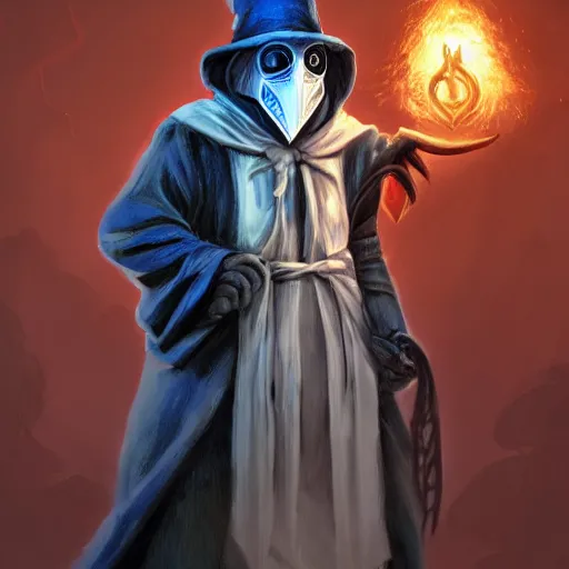 Prompt: a wizard wearing a white plague mask with a blue robe using a magical spell, white plague doctor mask, d & d character design art, gta cover art, gta loading screen art, digital art, unreal engine 5