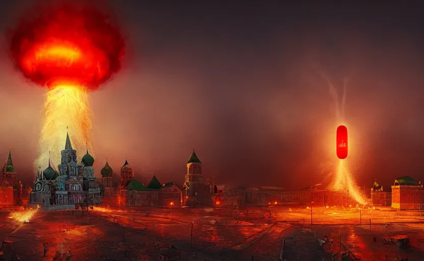 Image similar to nuclear explosion with realistic nuclear mushroom in Red Square Kremlin, cinematic shot, extremely high detail, photo realistic, cinematic lighting, post processed, artstation, matte painting, digital painting