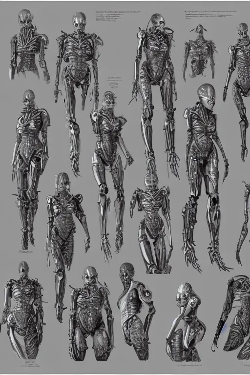 Image similar to cyborg mermaid with gunmetal grey skin, medical anatomy, very symmetrical face, highly detailed, mecha, three - perspective / three - view reference sheet ( front / back / side ), in the style of james gurney, dan ouellette, hr giger, sil from species, dren from splice, biomechanical, artstation, unreal engine