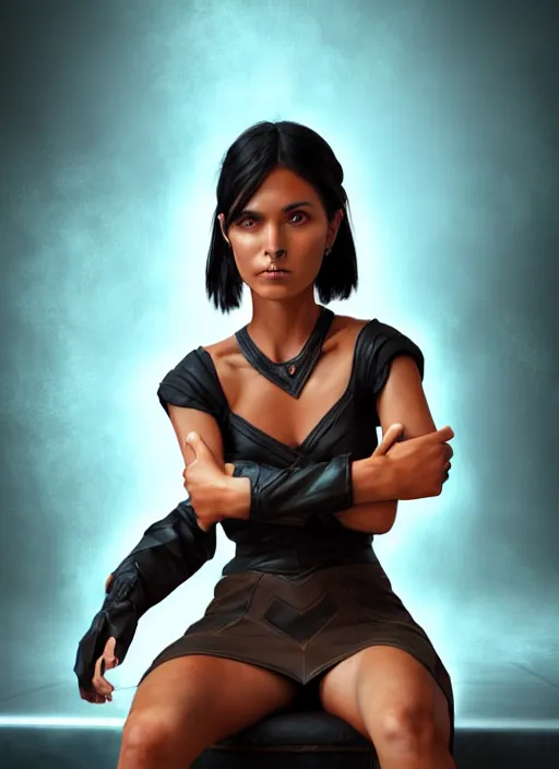 Image similar to An epic fantasy comic book style portrait painting of a tan woman with black hair in a pony tail and serious eyes sitting on a large chair, unreal 5, DAZ, hyperrealistic, octane render, cosplay, RPG portrait, dynamic lighting