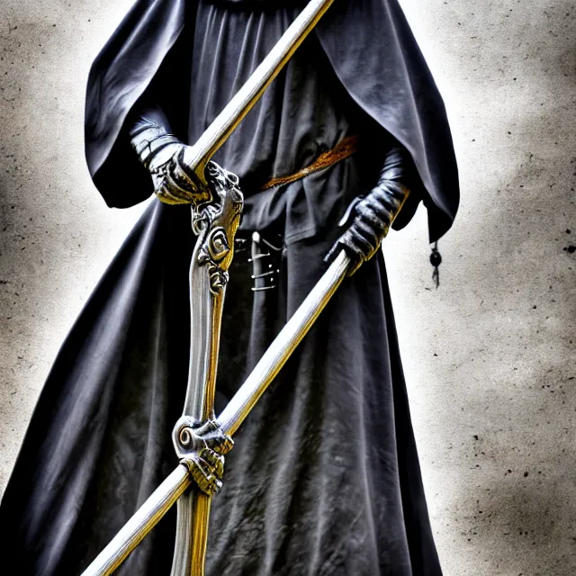 Image similar to armoured grim reaper with ornate scythe, highly detailed, 4 k, hdr, close up, portrait, smooth, sharp focus, high resolution, award - winning photo