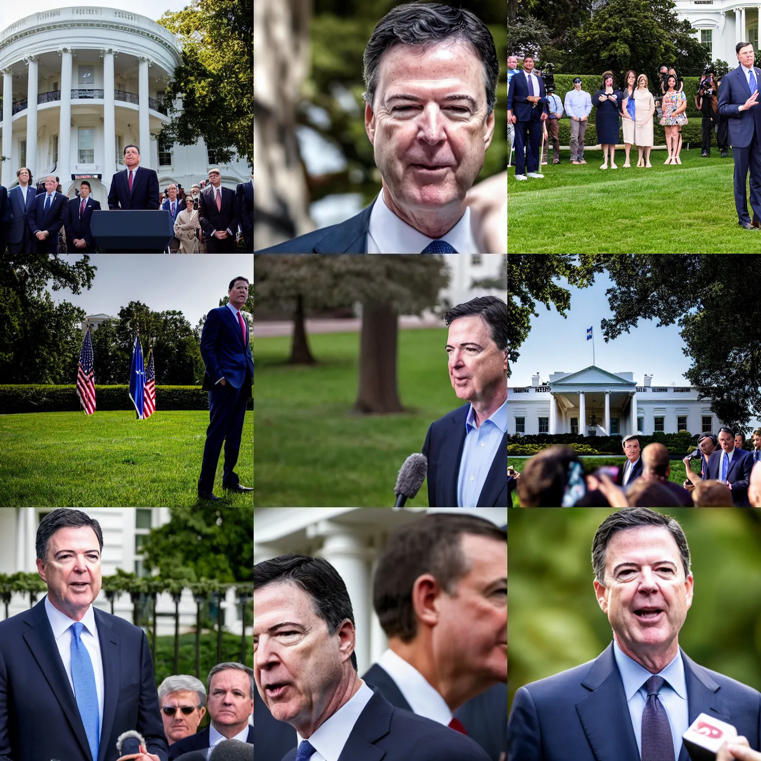 Prompt: headshot of James Comey as the president of the united states speaking to reporters on the white house lawn, EOS-1D, f/1.4, ISO 200, 1/160s, 8K, RAW, unedited, symmetrical balance, in-frame, Photoshop, Nvidia, Topaz AI