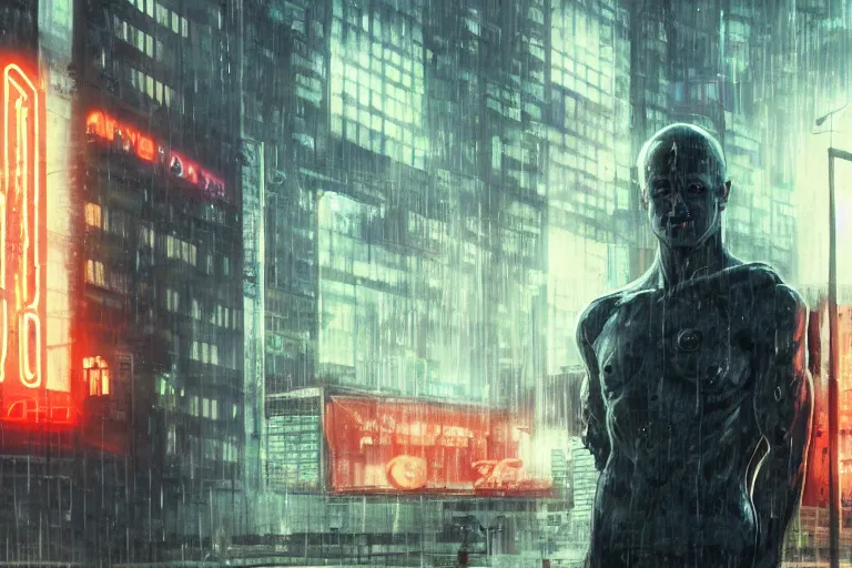 Image similar to roy batty with a bare torso sits in the lotus position with his head bowed in the rain on the roof of a building in the cyberpunk future, around neon signs, a little haze, night, realistic proportions, anime style ghost in armor