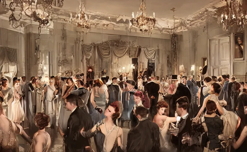 Image similar to realist digital painting of a 1 9 2 0 s grand party in a beautiful mansion, many partygoers, strong contrast, unreal engine, hyper realism, realistic shading, cinematic composition, realistic render, octane render, detailed textures, photorealistic, ultrawide shot, 3 5 mm film