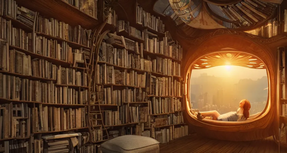 Image similar to A scene from a 2022 fantasy film featuring a cozy art nouveau reading nook inside a fantasy treehouse city. Suspended walkways. Disorganized ancient books. Golden Hour. 8K UHD.