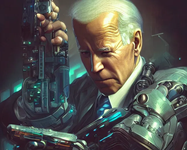 Image similar to oldman joe biden with cyberpunk implants, deep focus, d & d, fantasy, intricate, elegant, highly detailed, digital painting, artstation, concept art, matte, sharp focus, illustration, hearthstone, art by artgerm and greg rutkowski and alphonse mucha