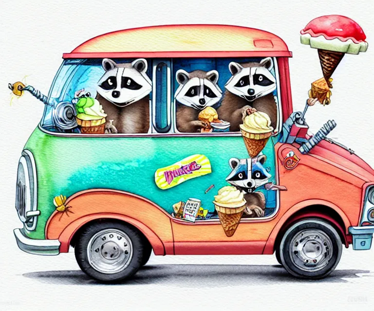 Image similar to cute and funny, racoon riding in a tiny ice cream truck with an oversized engine, ratfink style by ed roth, centered award winning watercolor pen illustration, isometric illustration by chihiro iwasaki, edited by range murata, tiny details by artgerm and watercolor girl, symmetrically isometrically centered, sharply focused