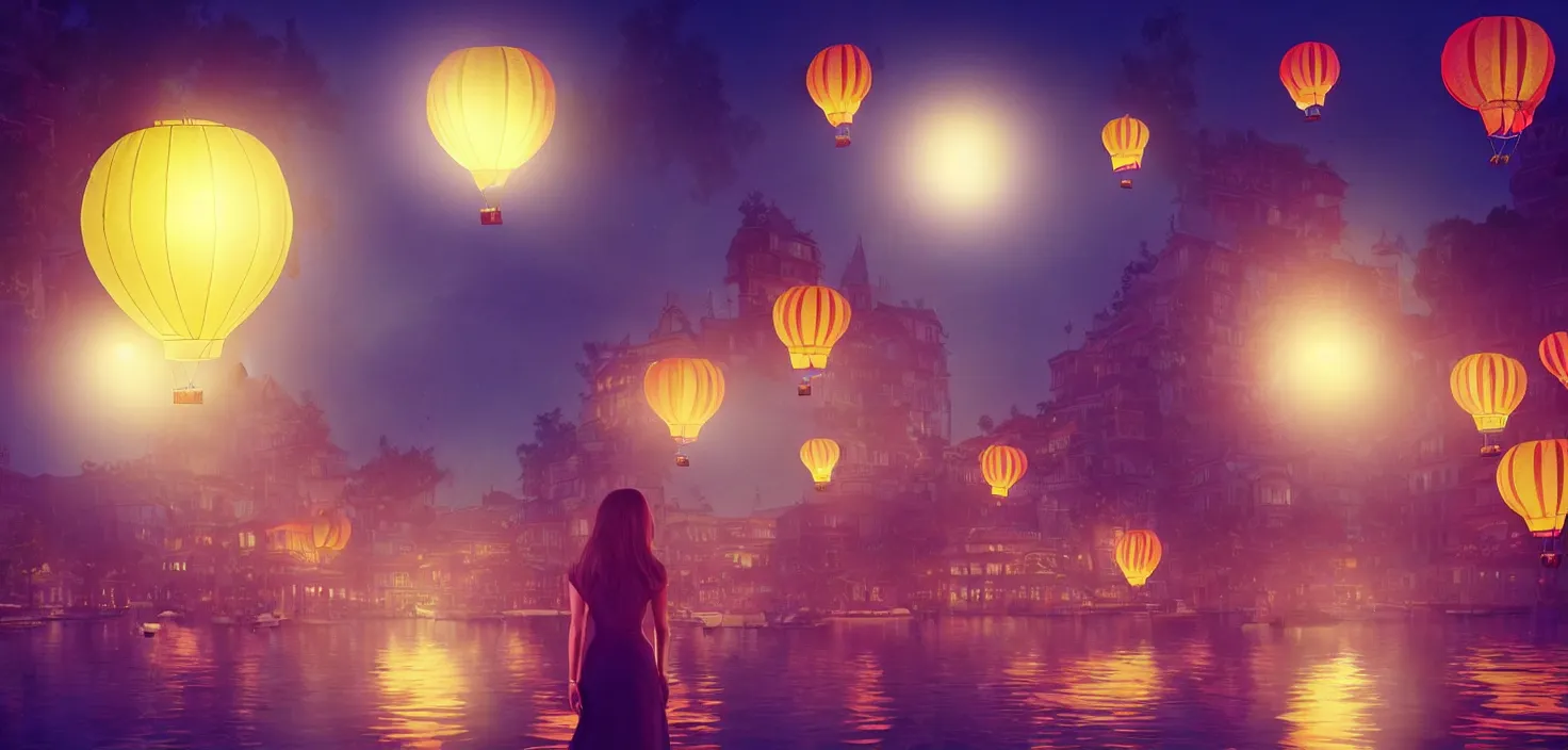 Prompt: mystical scene floating lanterns. portrait woman on the background a hot air balloon in the middle neon lights | | sunny night, full moon, dreamlike art, realistic shaded, smile, good looking, hyper details, 4 k realistic, cryengine, realistic shaded lighting poster by artgerm, ross tran, fuji choko, 8 k resolution, trending on artstation, luxury