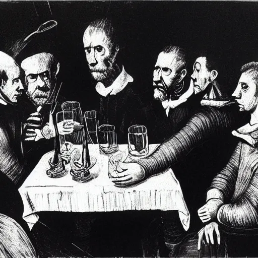 Prompt: a photograph image of basquait, picasso, francis bacon, van gogh and caravaggio drinking in pub and talking intelligently, 1 9 th century photography, grainy