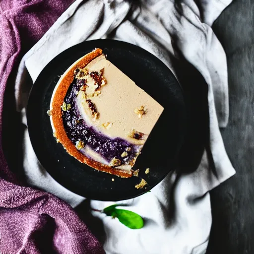 Prompt: close view of a delicious sweet and perfect eggplant cheesecake piece, award winning, 4 k, beautiful