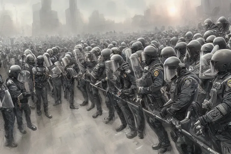 Image similar to police lined up, standing against the crowd of protesters with blank posters, сlear sky, concept art, intricate details, highly professionally detailed, cgsociety, highly detailed -