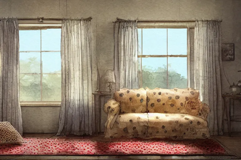 Image similar to charming and chubby huge fish, wearing a polka dot cloths and, lye on the fancy sofa, in the large and bright studio. sunlight enters through the barred window. delicate watercolor and pencil on canvas. beautiful lighting, 4 k post - processing, highly detailed, 5 k extremely detailed, 3 d. cinematic scene.