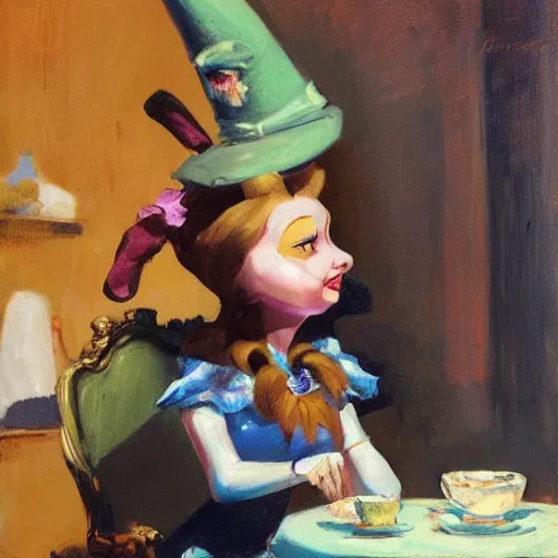 Image similar to tea time, Alice in Wonderland by Malcolm Liepke, hyper realism, 8k, trending on artstation