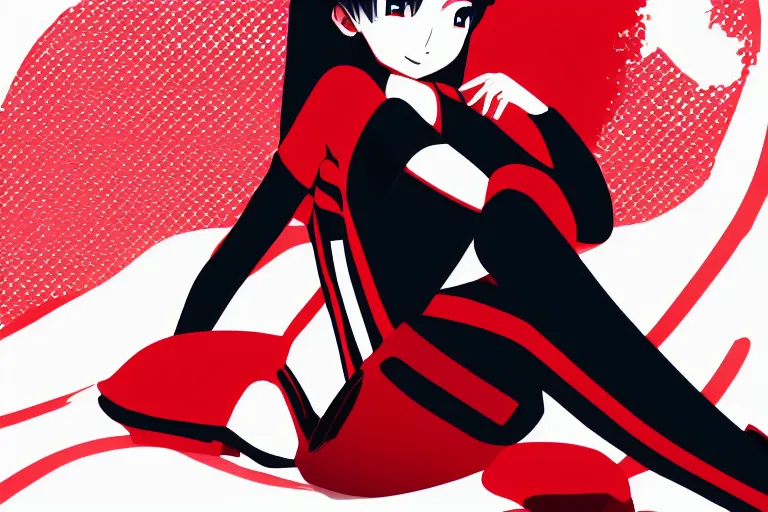 Prompt: a girl sitting on the ground, wearing a black outfit with red trim, soft white background, vector shaded, very anime, detailed colors, digital art, 4 k