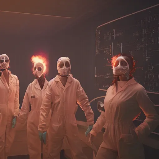 Prompt: a group of scientists backing away from a horror theyve created, glow, film still, cinematic, unreal engine 5, detailed, hyperreal, high detail, 8k