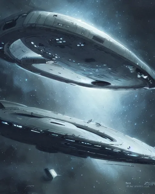 Image similar to starship enterprise, hyper realistic, scifi art, in the style of greg rutkowski, intricate, hyper detailed