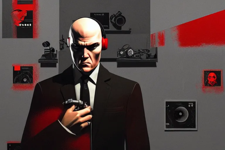 Image similar to an expressive portrait of agent 4 7 from hitman wearing headphones and holding a handgun in front of a wall of vinyl records, head being lit by red rim light, digital art, artstation, art by giger stalenhag