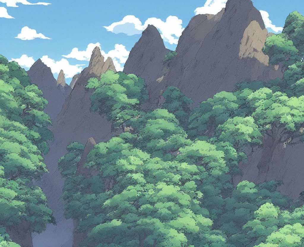 Image similar to a beautiful mountain landscape by studio ghibli
