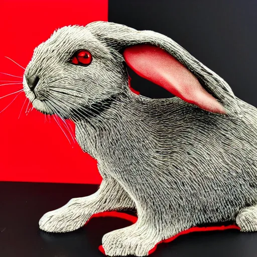 Prompt: a lop-eared rabbit, in lab coat and monocle, uses Prusa 3d printer to make a red wase, masterpiece 4k, intricate details, realistic, panoramic view, Hyperdetailed, 8k resolution, photorealistic
