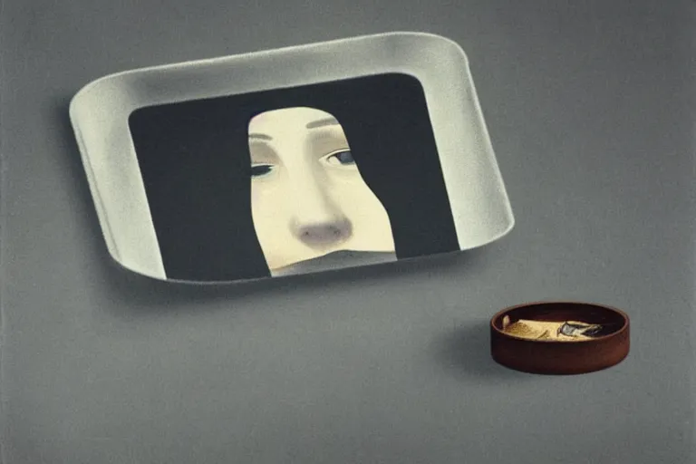 Image similar to a lit joint lying in an ashtray, slow, smoke in the shape of a woman's face, surreal, magritte