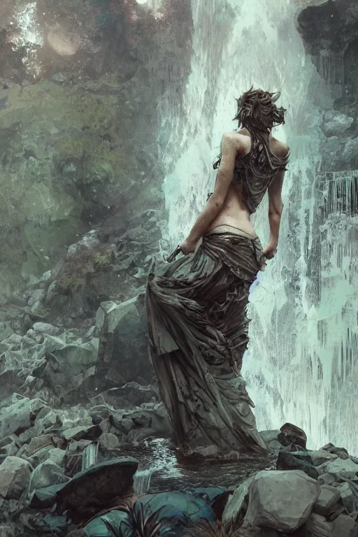 Image similar to a full body portrait of a beautiful post apocalyptic offworld neoicelandic biofarmer swimming by the waterfalls, intricate, elegant, highly detailed, digital painting, artstation, concept art, smooth, sharp focus, illustration, art by krenz cushart and artem demura and alphonse mucha