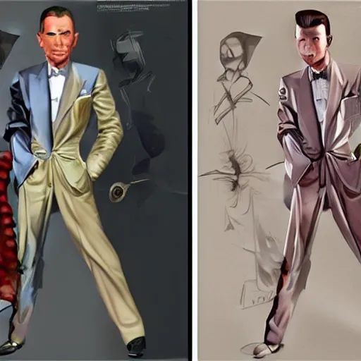 Image similar to perfect composition, subdued color palette, award-winning concept art, detailed digital painting, airbrushed, low contrast: costume design for young Frank Sinatra as a poor 1950s bartender. Volumetric cinematic lighting, great attention to perfect anatomy, special attention to posing, great attention to realistic facial expression, faithful cinematic color scheme, perfectly coherent. In the style of: Greg Rutkowski, Francis Bacon, Syd Mead, Norman Rockwell, Beksinski, Edward Hopper, James Gilleard, Ilya Kuyshinov, WLOP, Stanley Artgerm, Takato Yamamoto, and James Jean.