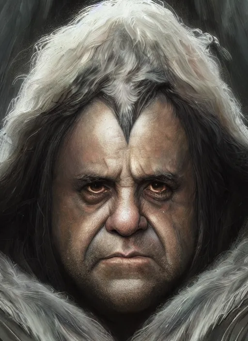 Image similar to Portrait of Danny DeVito, white glowing eyes, silver shaggy hair, cloak, ethereal wings, male, fantasy, extremely detailed, digital painting, artstation, concept art, smooth, sharp focus, illustration, stunning lighting, art by artgerm and greg rutkowski and alphonse mucha and simon stalenhag, realistic character concept, high fantasy, light atmosphere, golden ratio, cinematic lighting, hyperdetailed, high resolution, insanely detailed and intricate, artstation, Marc Simonetti, Greg Rutkowski, 8k