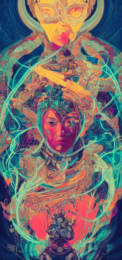 Image similar to Tristan Eaton, victo ngai, peter mohrbacher, artgerm portrait of a global consciousness. psychedelic. neon colors