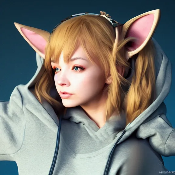 Image similar to 3D render of a girl with cat ears wearing a hoodie, fantasy artwork, award winning, hyper detailed, very very very very very very very very very very very beautiful, studio lighting, artstation, unreal engine, unreal 5, 4k, octane renderer