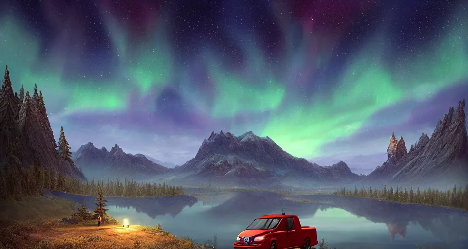 Prompt: An epic fantasy style landscape painting of a Mountainrange and a lake, with a starry sky and aurora and a Volkswagen Caddy Campervan, unreal 5, DAZ, hyperrealistic, octane render, dynamic lighting