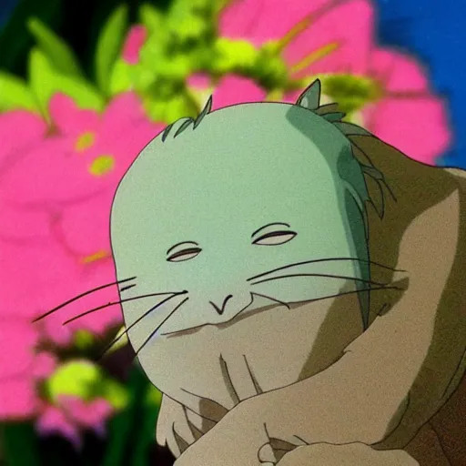 Image similar to creature sitting at the flower made by studio ghibli, detail, high quality