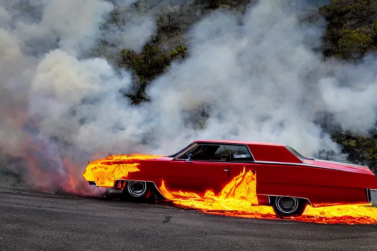 Prompt: 1969 Ford Cadillac rolling down a mountain on fire, wide shot photograph, 4k high res, high detail