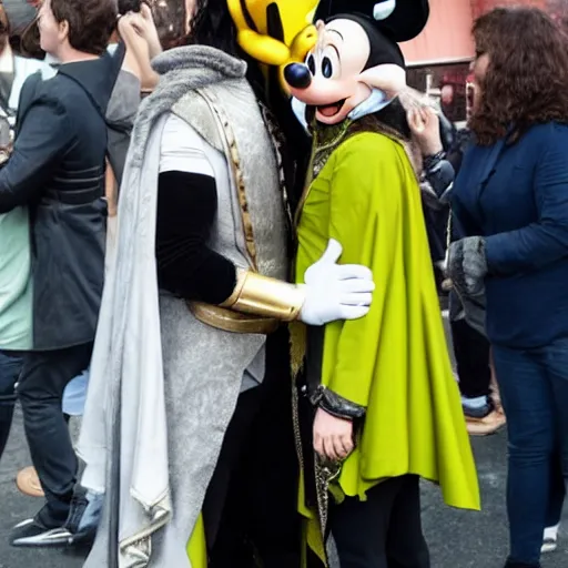 Prompt: Tom Hiddleston dressed as his character Loki and flirting with a skinny blonde woman wearing Mickey Mouse ears
