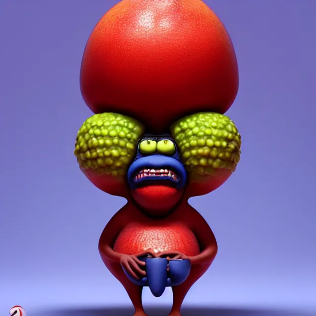 Prompt: bizarre cartoon fruit figurine that looks just like samuel l jackson as a fruit, blue or red, by naoto hattori 8 k, fruit eyes, fruit world, beautiful intricate painting, hyper realistic, studio lighting, octane render