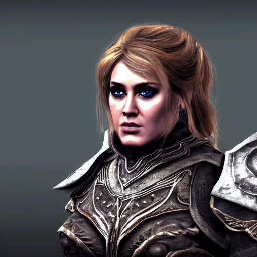 Image similar to adele as a warrior from the video game skyrim, unreal engine, 3 d render