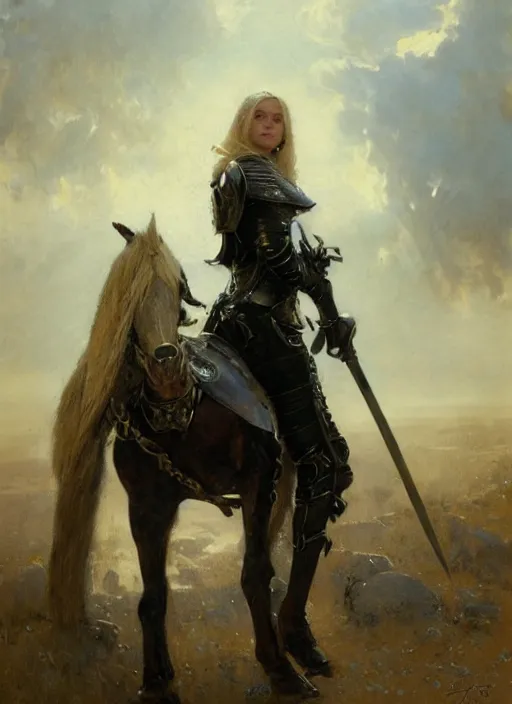 Image similar to young blonde woman wearing a simple black medieval armour, by gaston bussiere, bayard wu, greg rutkowski, giger, maxim verehin, greg rutkowski, masterpiece, sharp focus, cinematic lightning