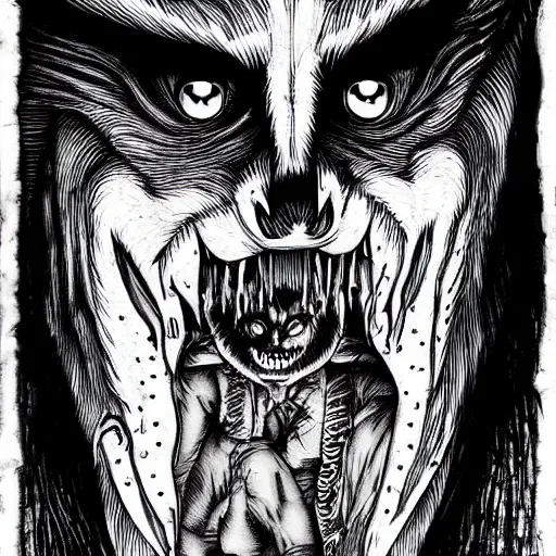 Image similar to werewolf in the style of Junji Ito and HR Giger