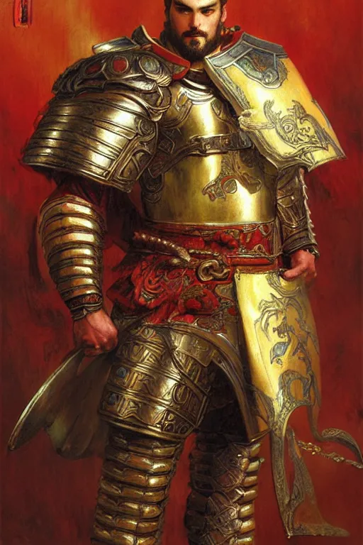 Image similar to attractive beefy male with armor, tang dynasty, character design, colorful, painting by gaston bussiere, craig mullins, j. c. leyendecker, tom of finland