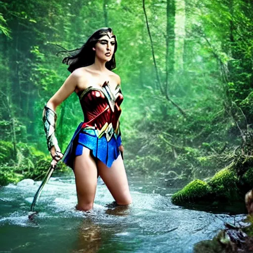 Prompt: Wonder Woman as beautifull forest nymph emerging from the water