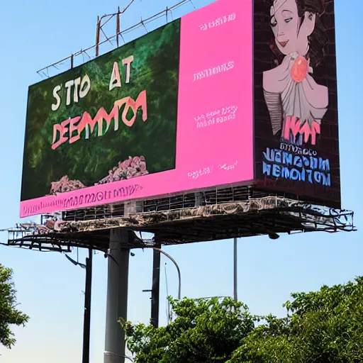 Image similar to a gigantic billboard that reads “STOP MAKING PEACH DEMONS”