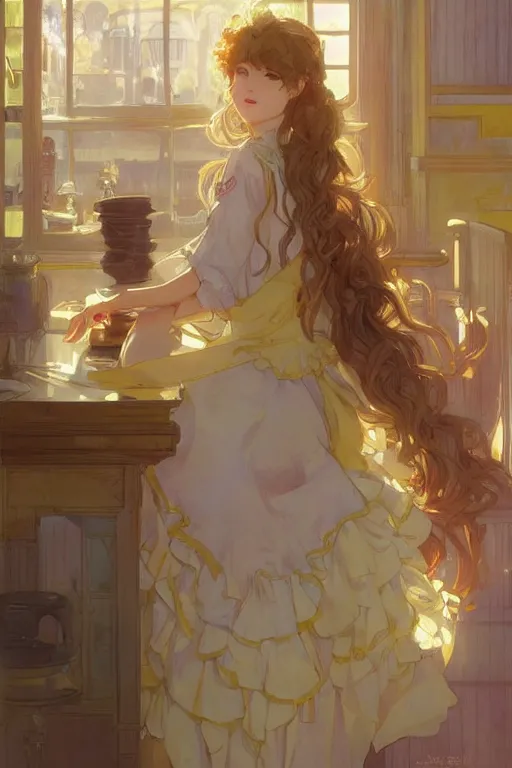 Image similar to A girl in a maid's outfit in a cafe a afternoon, wavy hair yellow theme,S line,45 angel by krenz cushart and mucha and ra-lilium and greg rutkowski