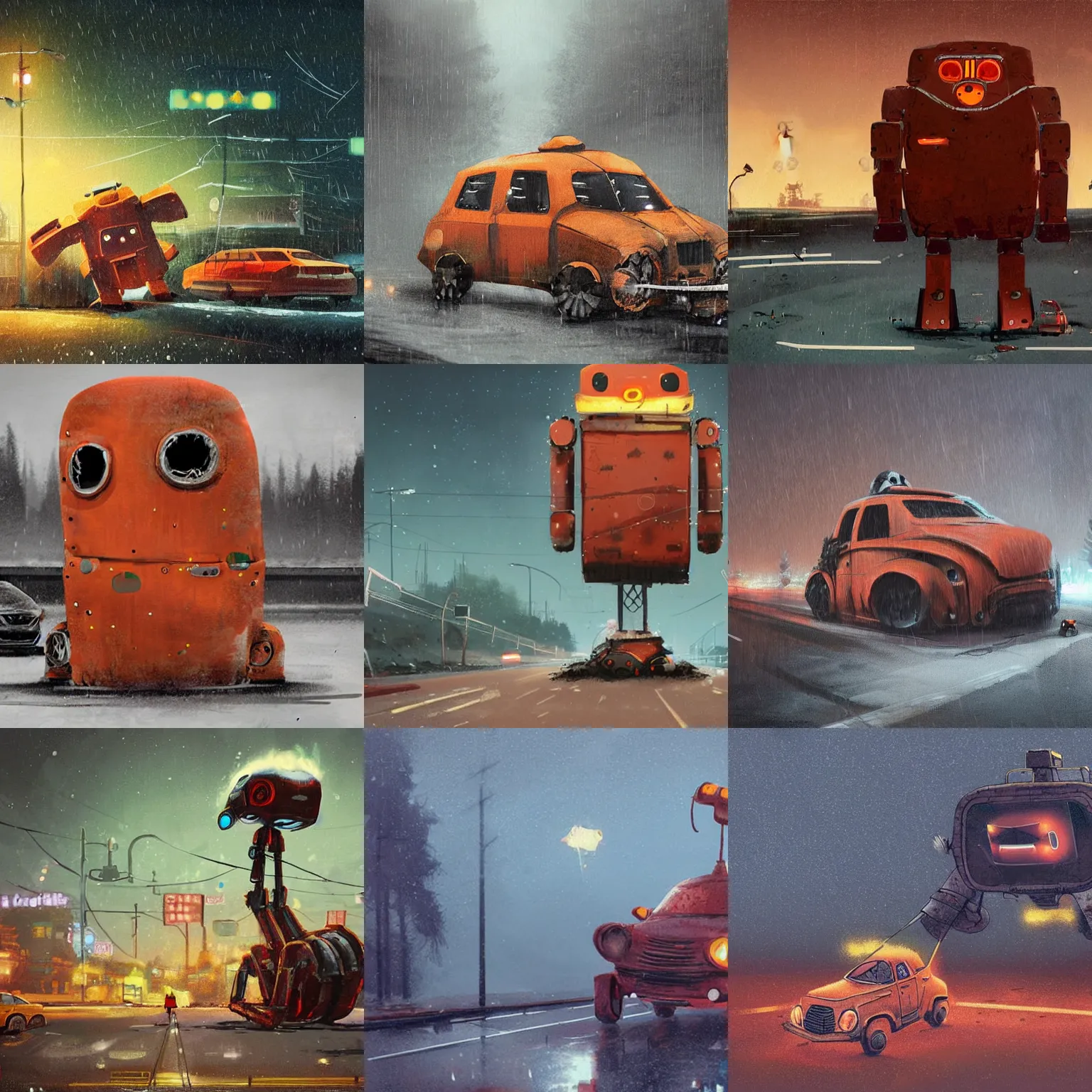 Prompt: giant rust robot penguin destroyed in a middle of road, in rainy night, the photo as taken inside of car, concept art by simon stålenhag