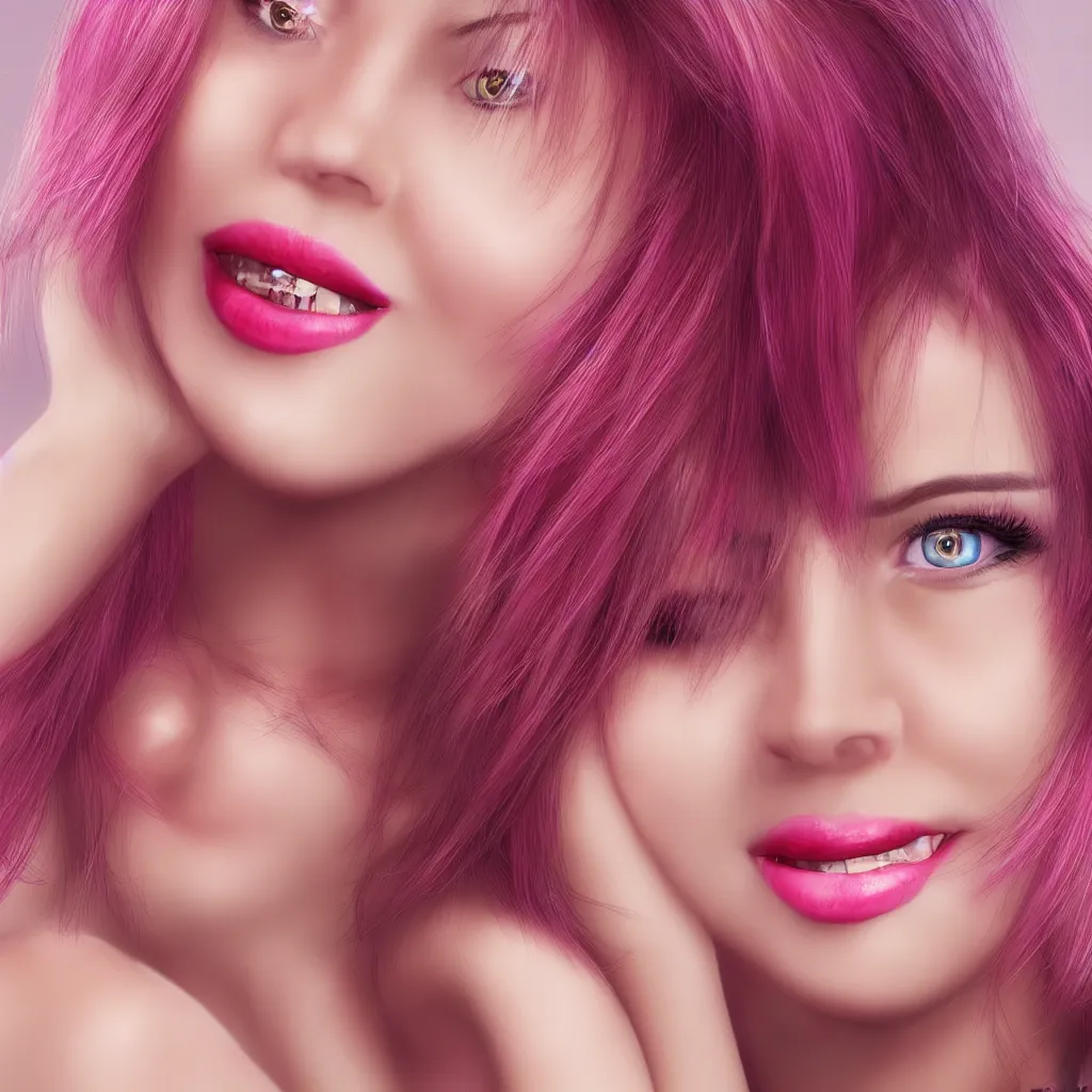 Image similar to ultra realistic portrait of a hot woman, colorful hair, pink lips, gorgeous smile, stunning, hottest, 8K resolution, 3D, Octan render,