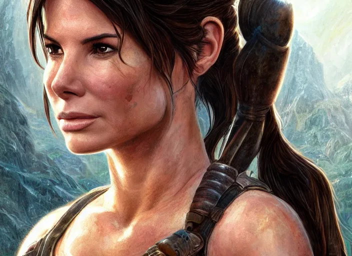 Image similar to face portrait of concentrated young Sandra Bullock as Lara Croft with pig-tails entering an incredible epic ruin, glorious sun beams, intricate, elegant, highly detailed, digital painting, short focus, illustration, Allan Lee, John Howe